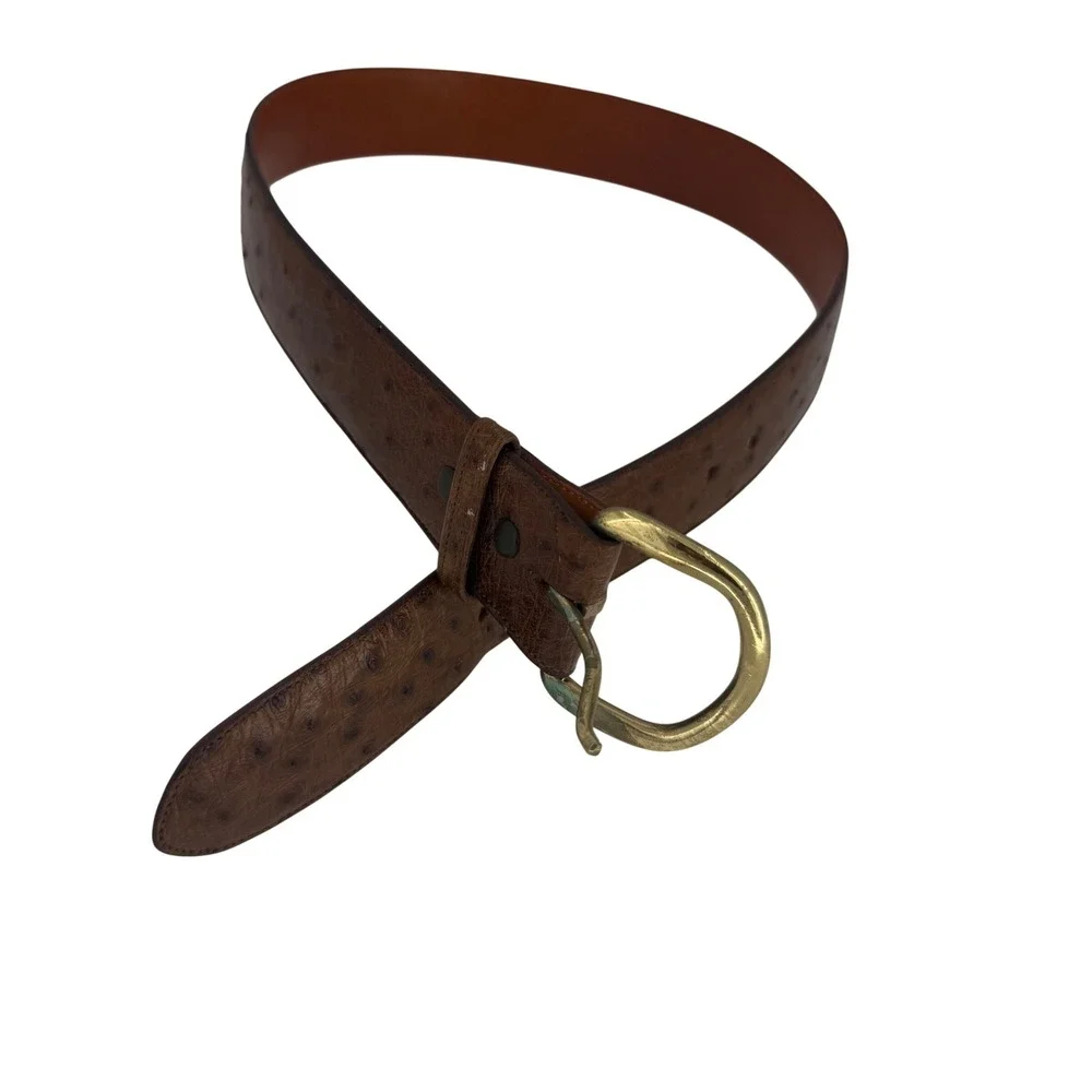 Little's San Antonio Ostrich Leather Belt Brown Brass Buckle Western‎ Texas 30